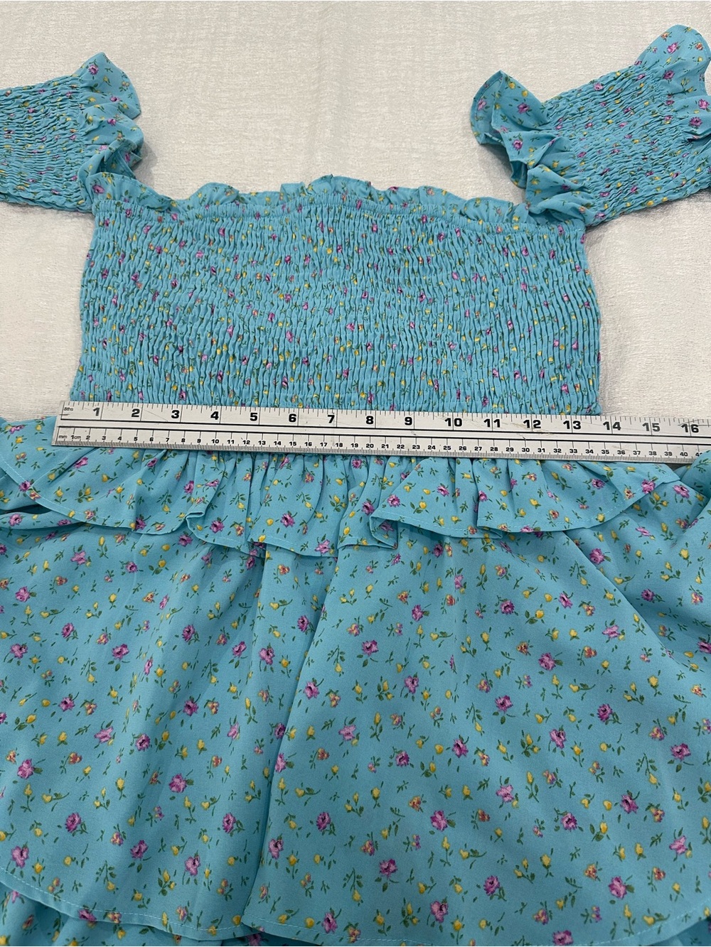 Mable Smocked Off-Shoulder Floral Mini Dress in Light Blue - Picture 7 of 12